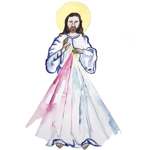 Divine Mercy Jesus I Trust In You Print 8x10 5x7 Catholic Watercolor Gold Accent
