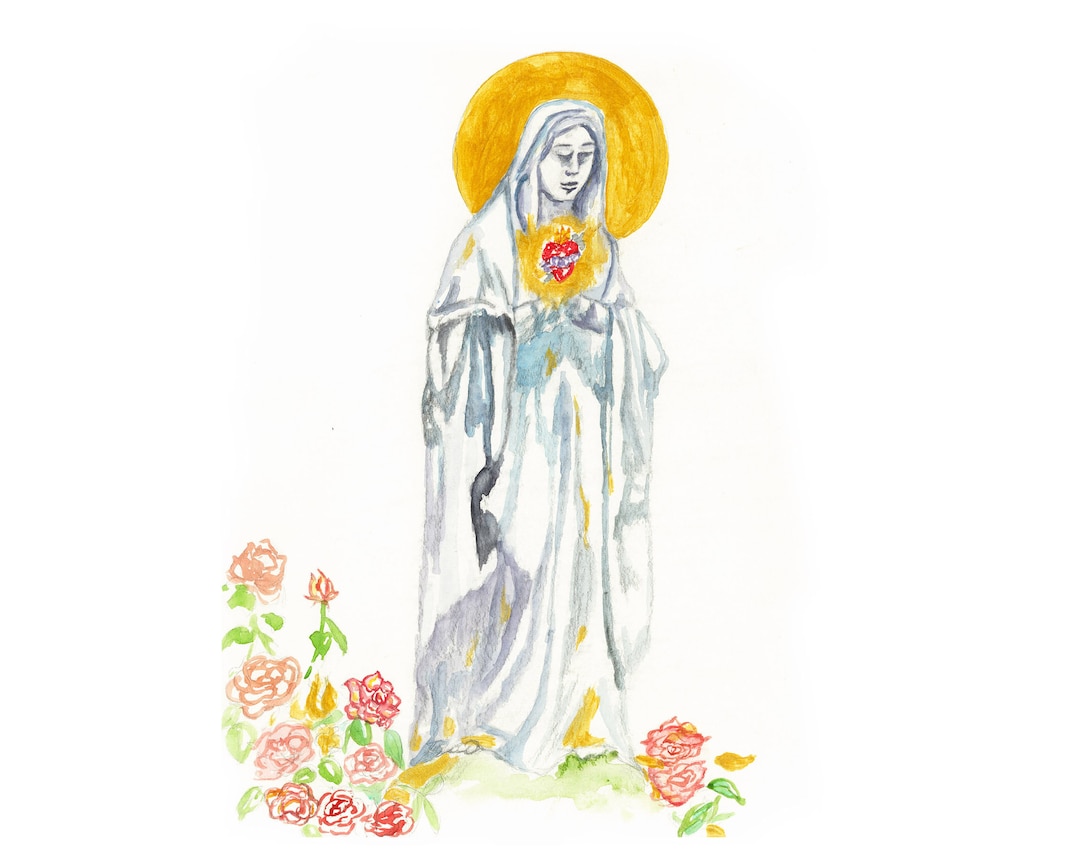 Blessed Virgin Mother Mary in Garden With Roses Catholic Religious Art ...