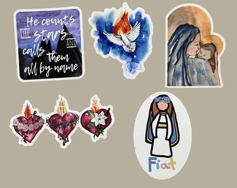 Two Waterproof Catholic Vinyl Stickers (Your choice) Virgin Mary, Holy Spirit, Bible Verse, Sacred Hearts