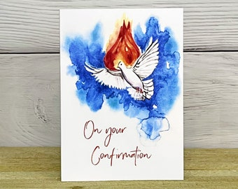 Confirmation Watercolor Holy Spirit Dove and Flame Catholic Religious Art Card 5x7"