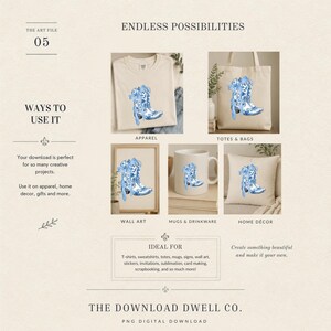 May include: A digital design file featuring a blue and white floral pattern cowboy boot illustration with a bow. The graphic is displayed on a t-shirt, a tote bag, a framed print, a white ceramic mug, and a throw pillow, showcasing various uses.