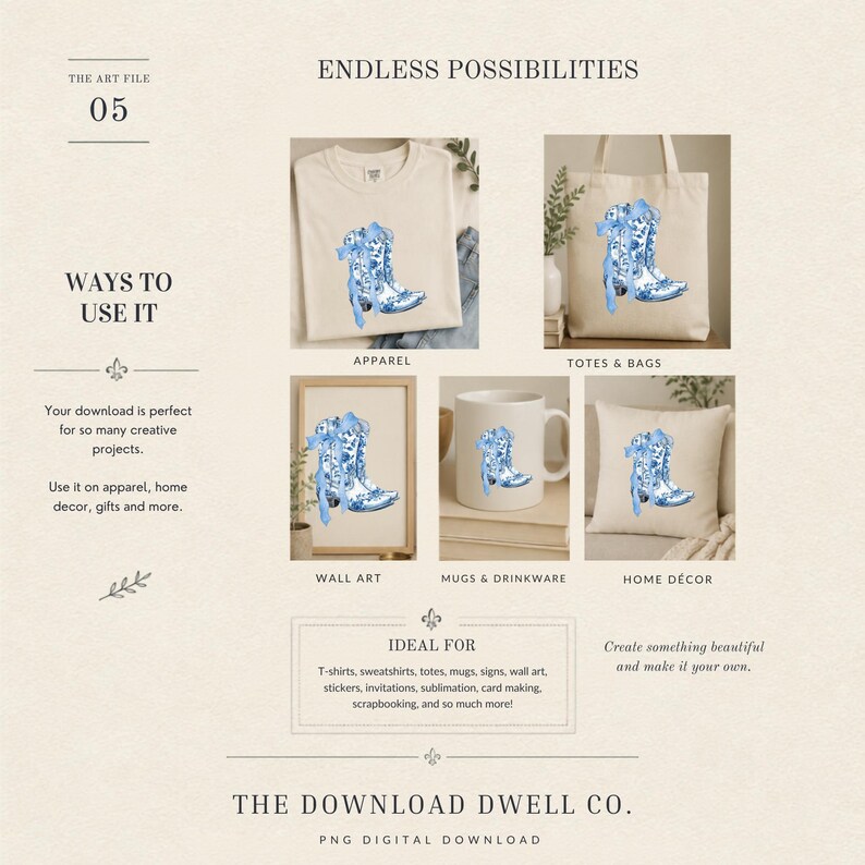 May include: A digital design file featuring a blue and white floral pattern cowboy boot illustration with a bow. The graphic is displayed on a t-shirt, a tote bag, a framed print, a white ceramic mug, and a throw pillow, showcasing various uses.
