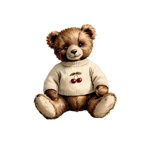 May include: A brown teddy bear wearing a white sweater with a red cherry design. The bear is sitting with its legs crossed and has a friendly expression.