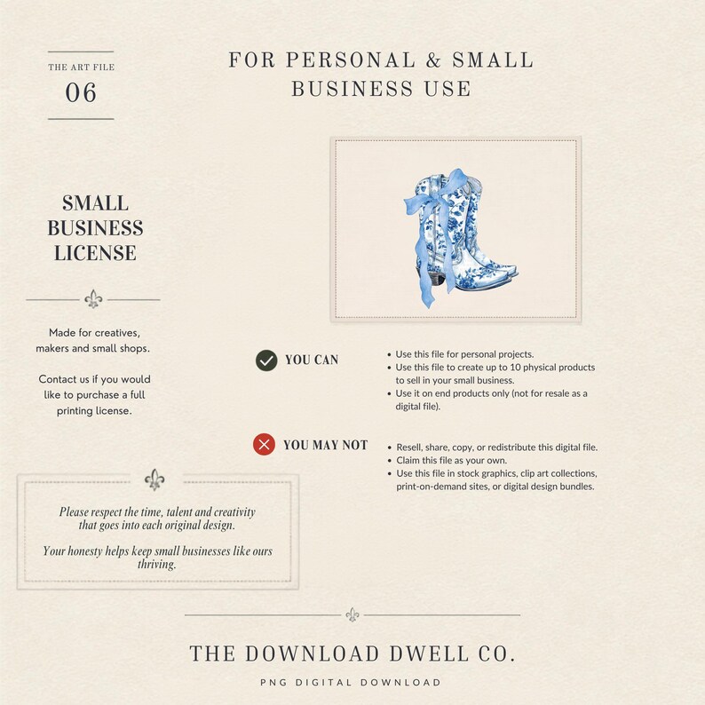 May include: A digital download file featuring a pair of white cowboy boots with a blue floral pattern and a blue ribbon tied around the shaft. The image includes text detailing terms for personal and small business use by The Download Dwell Co.