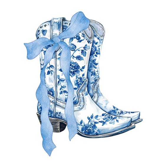 Blue Chinoiserie Cowboy Boots PNG, Preppy Cowgirl Clipart, Bow Design