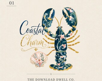 Floral Lobster PNG, Coastal Charm Clipart, Preppy Nautical (Digital Download)