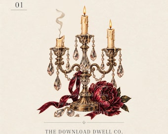 Vintage Candelabra PNG, Burgundy Floral Candle Art, Moody Romantic Digital Download