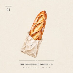 Op de afbeelding: Een aquarelillustratie van een goudbruin stokbrood dat gedeeltelijk in een verfrommelde, lichtbeige papieren zak zit. Op de zak staat het woord BOULANGERIE in kleine zwarte letters gedrukt. De tekst THE ART FILE 01 en THE DOWNLOAD DWELL CO. zijn zichtbaar.