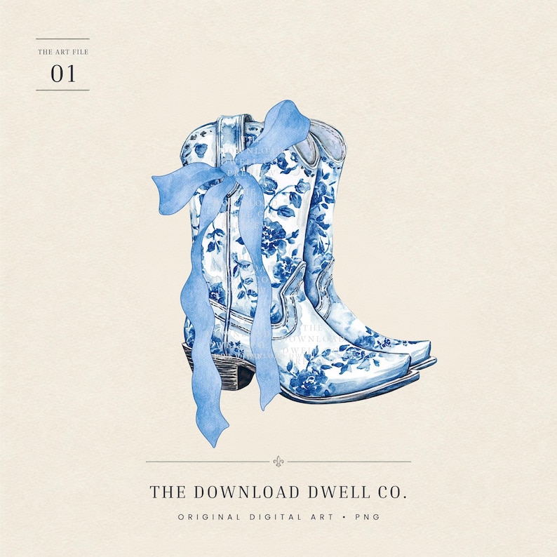 May include: A watercolor illustration of a pair of cowboy boots featuring a blue and white floral pattern. A long, flowing blue ribbon is tied around the shaft of the boots. The text THE ART FILE 01 and THE DOWNLOAD DWELL CO. ORIGINAL DIGITAL ART PNG appear.