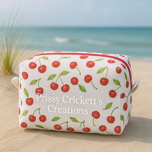 Cherry or Strawberry Boxy Bag – Handmade Zipper Pouch | Colorful Makeup or Travel Bag | Prissy Crickett’s Creations,  great gift.