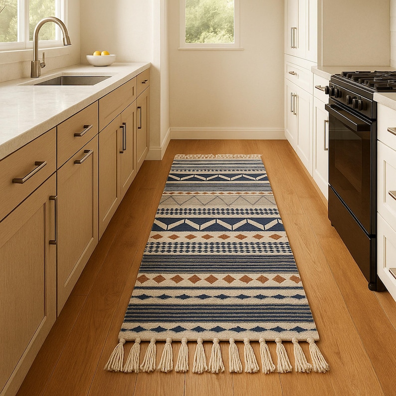 May include: A rectangular kitchen runner rug with a geometric pattern in navy blue, gray, and tan. The rug features diamond, triangle, and stripe designs. It has a cream-colored fringe on both ends. The rug is placed on a hardwood floor.