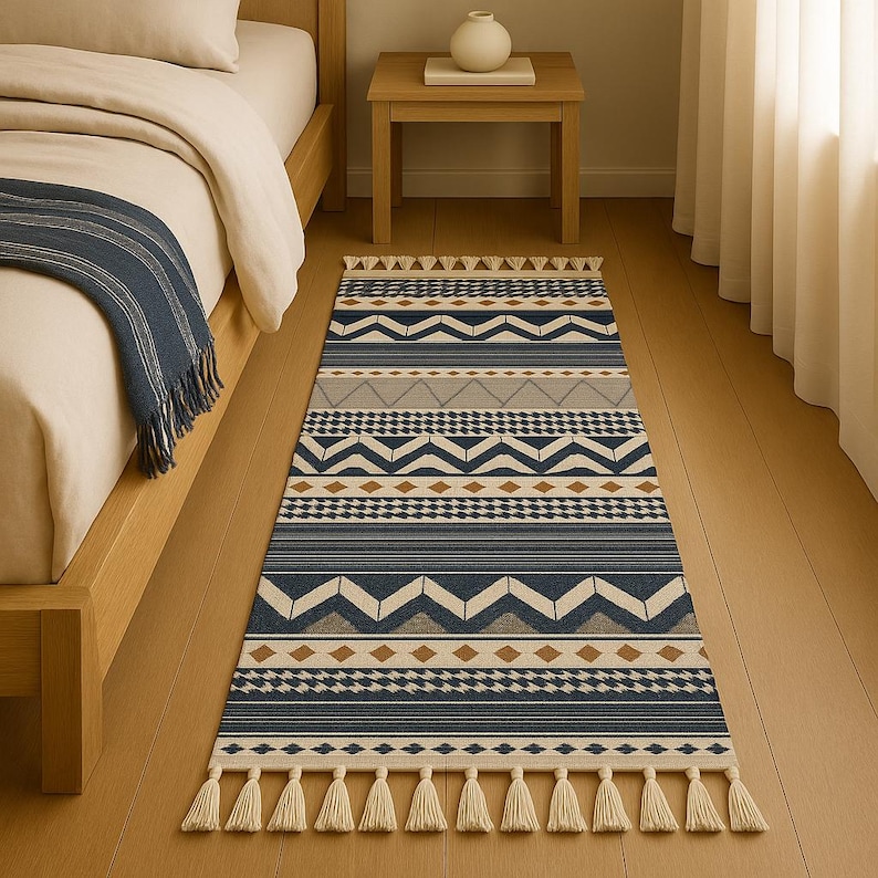 May include: A rectangular area rug with a geometric pattern in shades of navy blue, beige, gray, and brown. The rug features various shapes, including zigzags, diamonds, and stripes. Cream-colored tassels adorn the shorter ends of the rug. This rug is suitable for a bedroom or hallway.