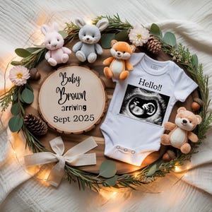 Woodland-Themed Pregnancy Announcement Editable Digital Template with Forest Animals Natural Textures Pregnnacy Annoucement Neutral Annouce