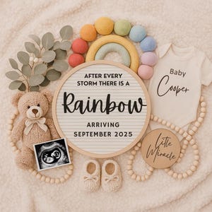 Faire-part de grossesse de bébé arc-en-ciel • Modèle modifiable à plat • Révélation de bébé numérique pour les médias sociaux • Faire-part de grossesse