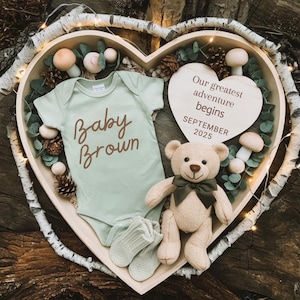 Rustic Woodland Baby Announcement | Editable Heart Flat Lay Digital Pregnancy Reveal | Forest Theme Baby Reveal Canva Template | Pregnancy