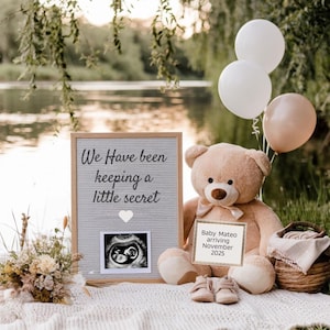 Faire-part bébé en toile modifiable | Révélation numérique de grossesse sur le thème de la nature | Déguisement bébé ours en peluche | Téléchargement instantané Réseaux sociaux