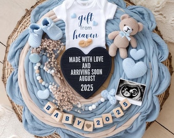 Editable Baby Boy Announcement Canva Template | Blue Digital Pregnancy Reveal| August 2025 Flat Lay |Instant Download Pregnancy Announcement
