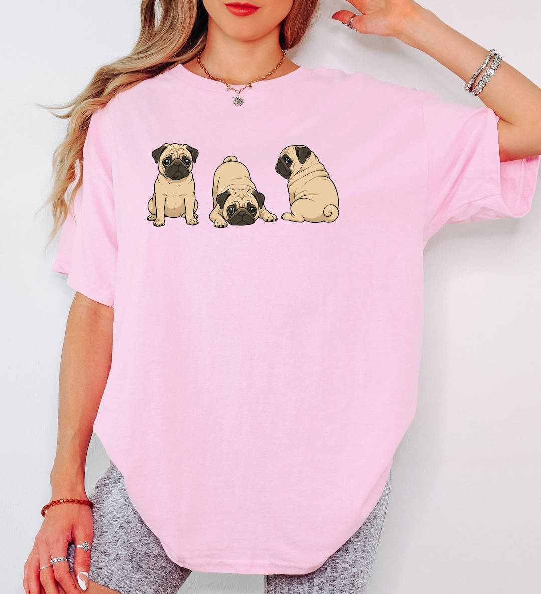 Three Pug Cartoon Shirt Cute Dog Lover Tee Gift for Pug Moms Pet Girls ...