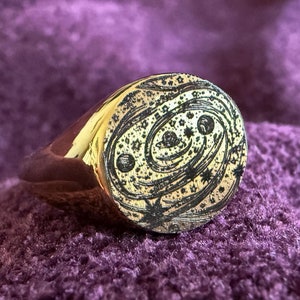 Space Pattern Signet Ring • Stainless Steel Gold Ring • Minimalist ...