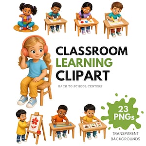 Puede incluir: Una colección de ilustraciones digitales que muestran a diversos niños realizando actividades de aprendizaje en el aula, como pintar, dibujar y jugar con bloques, junto al texto CLASSROOM LEARNING CLIPART BACK TO SCHOOL CENTERS 23 PNGs.
