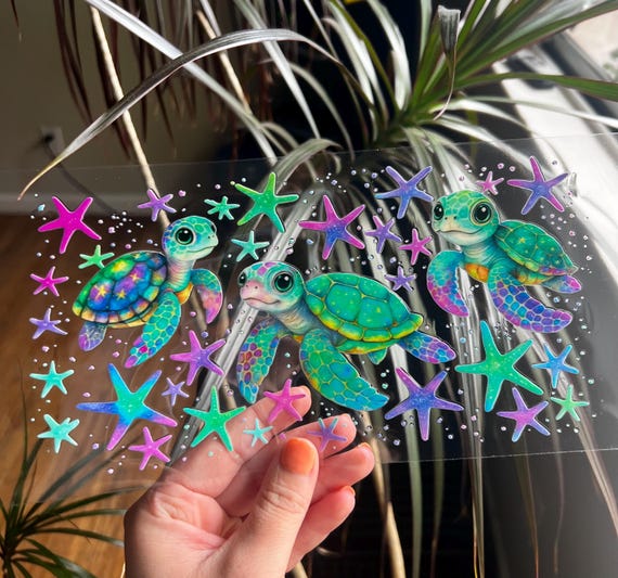 Cute Sea Turtles uv dtf Cup Wrap - UV DTF Wrap - Snowglobe Cup Wrap - Vibrant Turtles - Beachy Cup Wrap Ready to Apply  - #109