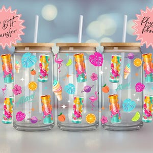 May include: Three clear glass can-shaped tumblers with bamboo lids and straws. Each is decorated with tropical-themed decals, including flamingos, fruit, and the word "Alani". The image also includes the text "UV DTF Transfer" and "Physical Product".