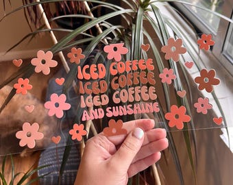Iced Coffee and Flowers uv dtf Cup Wrap - UV DTF Wrap - Snowglobe Cup Wrap - Cup Gift -  Iced Coffee Cup Wrap Ready to Apply  - #074