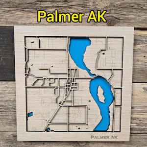 Mapa de madera en capas de Palmer, Alaska: archivo 3D cortado con láser (descarga digital)