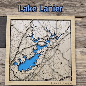 Lake Lanier gelaagde kaart svg, Lake Lanier laserkaartbestand, Lake Lanier 3d hout kaartbestand, laserkaart meerbestanden, svg-vectorkaarten meer, kaart svg