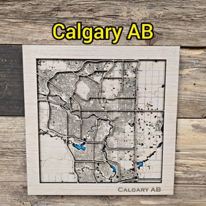 Mapa de madera estratificada de Calgary, Alberta: archivo SVG 3D cortado con láser (descarga digital)