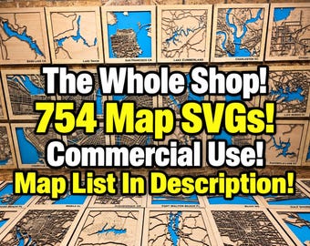 Könnte beinhalten: Eine Sammlung quadratischer Wandkunst aus Holz mit lasergeschnittenen topografischen Karten und leuchtend blauen Wasserakzenten. Der überlagerte Text lautet: The Whole Shop! 754 Map SVGs! Commercial Use! Map List In Description! Jede Karte zeigt Orte.
