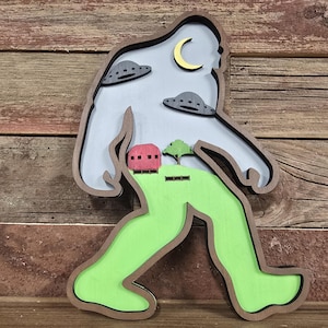 Layered Bigfoot UFO SVG: Laser Cut File, Sasquatch Art