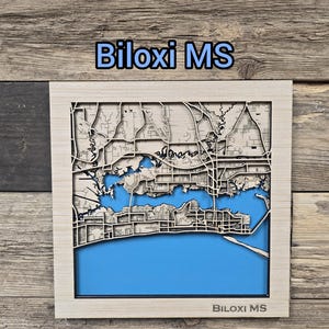 Biloxi Mississippi, carte en couches svg, carte en bois en couches, fichier de carte découpé au laser, carte 3D en bois, plan de la ville en couches, carte 3D svg en couches, svg découpé au laser