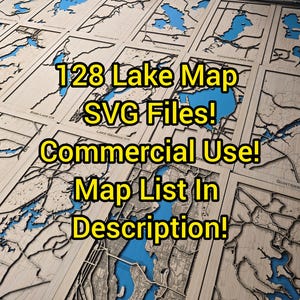 Könnte beinhalten: Eine Ansammlung von lasergeschnittenen Holz-Seekarten mit blauen Inlays. Der Text auf dem Bild lautet: "128 Lake Map SVG Files! Commercial Use! Map List In Description!"