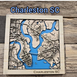 Charleston South Carolina kaart svg-bestand, Charleston svg, Charleston gelaagde 3D-houten kaart, gelaagde stadskaarten svg, gelaagde Charleston kaart svg