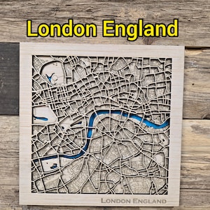 File SVG della mappa di Londra in legno stratificato: mappa della città tagliata al laser (download digitale)
