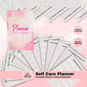 May include: A printable self-care planner with a pink watercolor background. The planner includes sections for water tracker, skincare routine, makeup appointments, and favorite products. The text "Self Care Planner" and "Printable Planner | Instant download" is printed on the bottom of the page.