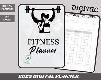 May include: A digital fitness planner with a black and white illustration of a couple lifting weights. The planner includes a measurement tracker and progress chart. The text "DIGITAL SUREMENT TRACKER" and "PROGRESS" are visible on the page. The planner is titled "FITNESS Planner" and includes the text "2025 DIGITAL PLANNER".