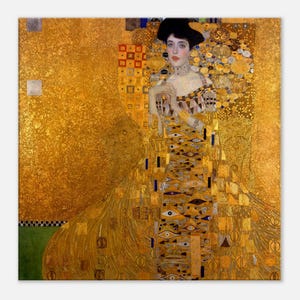May include: A portrait painting featuring a figure with dark hair wearing a gold gown adorned with geometric patterns and eye motifs. The background is a textured gold leaf surface with intricate circular and square decorative elements.