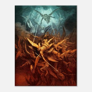 Puede incluir: Una impresión artística que representa una escena dramática de ángeles y demonios en una batalla celestial. La obra presenta figuras aladas, lanzas y escudos, representadas en tonos dorados, rojos y azules, con un fondo oscuro y tormentoso.