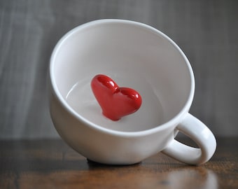 Handpainted Ceramic Coffee Mug: White Porcelain Cup With Red