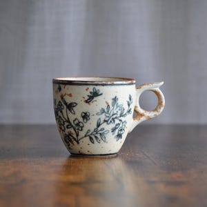 Blue Floral Coffee Cup - Handmade Ceramic Cup with Unique Handle Design for Coffee Lovers Gift for Her - for Him