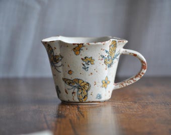 Handmade Butterfly Ceramic Mug – Floral Scalloped Rim with Gold Accents