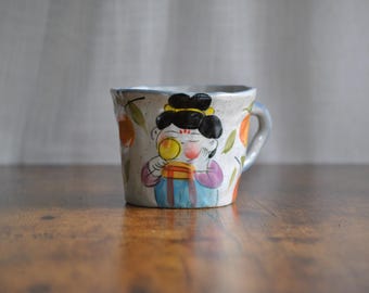 Handmade Ceramic Coffee Mug – Asian Character, Fruit Design