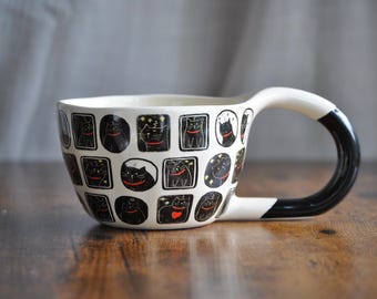 Black Cat Illustration Ceramic Mug – Playful Graphic Design Cup Gift for Cat Lovers