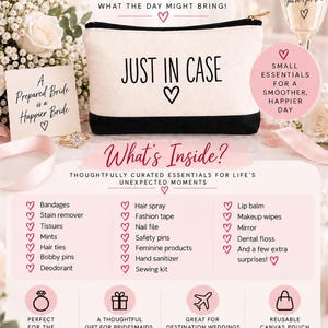 Puede incluir: Un estuche de lona color crema y negro con cierre de cremallera, que presenta el texto JUST IN CASE y un icono de corazón. El estuche está rodeado de texto que enumera contenidos como vendas, laca, bálsamo labial y otros artículos esenciales.