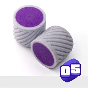 May include: Two cylindrical, gray objects with a spiral design and speckled texture. Each has a circular, textured purple center. A purple and white graphic with the number "05" is in the lower right corner.