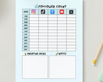 Follower Count tracker Social Media Yearly Annual Tracking Customize Personalized Simple Twitter Instagram Facebook YouTube TikTok Portrait