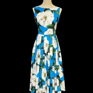 Italian designer White Roses on Blue print plunge back 100% cotton dress