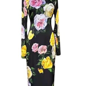 Handmade Italian Long sleeves Roses print silk dress